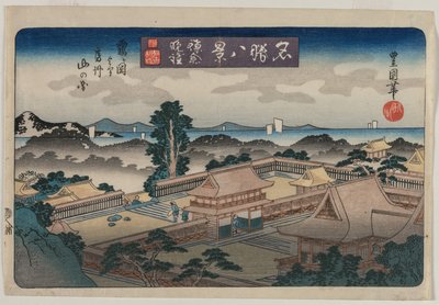 Otte udsigter over berømte steder: Aftenklokke i Kamakura: Bjergene i Awa-provinsen fra Hachiman-helligdommen i Tsurugaoka af Utagawa Toyokuni II