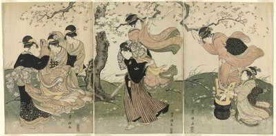 En blæsende dag under kirsebærtræerne af Utagawa Toyokuni I