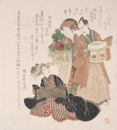Skuespiller Nakamura Utaemon med to kvinder forbereder sig til nytårsceremonien, 1800-tallet. af Utagawa Toyokuni I