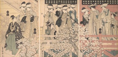 Skønheder på en veranda blandt kirsebærblomster, hvorfra en samurai tager af sted, ca. 1800. af Utagawa Toyokuni I