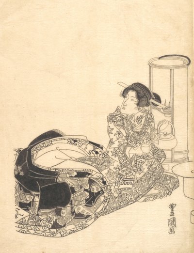Kurtisane eller skuespiller som kurtisane, der skænker te ved lyset af en lanterne. af Utagawa Toyokuni I