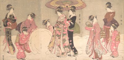 Kurtisaner og ledsagere laver en kæmpe snebold, ca. 1796. af Utagawa Toyokuni I