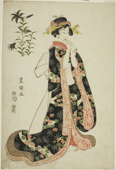 Liljer: ung kvinde med et brev, fra en unavngiven serie skønheder og blomster af Utagawa Toyokuni I