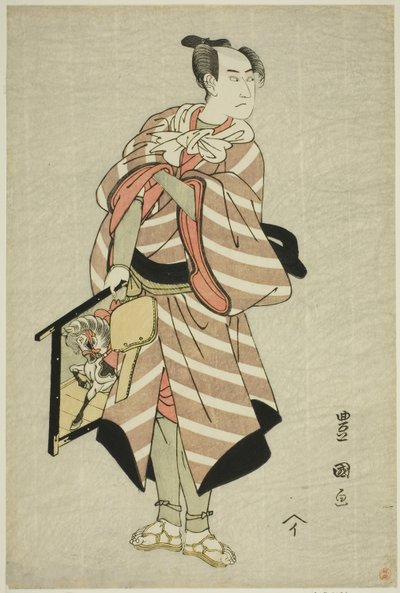 Skuespilleren Sawamura Sojuro III som pakkehest-manden Muchizo i stykket "Miyamairi Musubi no Kamigaki", opført på Kiri Theatre i den ellevte måned, 1797 af Utagawa Toyokuni I