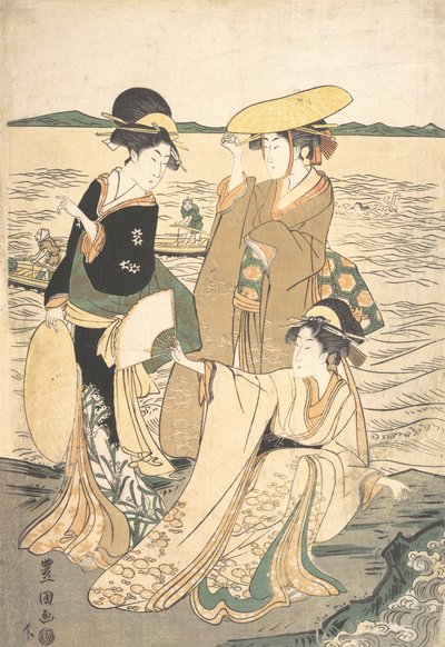 Tre unge damer ved kysten. af Utagawa Toyokuni I