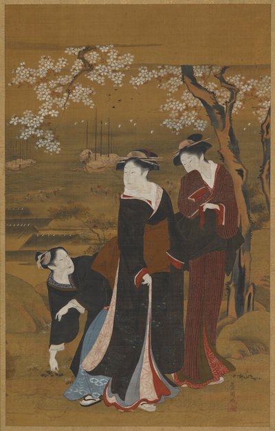 Tre kvinder under et blomstrende kirsebærtræ ved kysten, 1769-1825. af Utagawa Toyokuni I