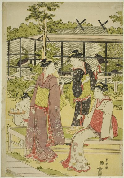 Kvinder besøger fuglen og blomster tehuset (Kachojaya) af Utagawa Toyokuni I