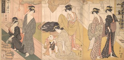 Kvinder og en lille dreng i et offentligt badehus, ca. 1799. af Utagawa Toyokuni I