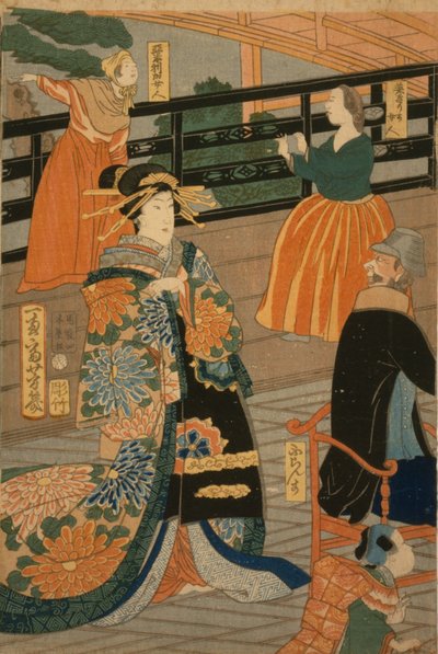 Besøgende fra flere nationer nyder en fest i Fan Room of the Gankir?, 1860 af Utagawa Yoshiiku
