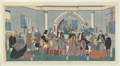 Fem nationaliteter ved en banket Gokokujin shuen no zu (titel på objekt) af Utagawa Yoshikazu