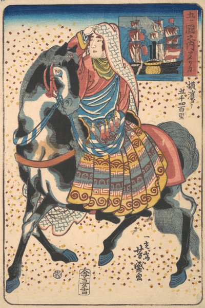 Mounted American Woman, 12. måned, 1860. af Utagawa Yoshimori