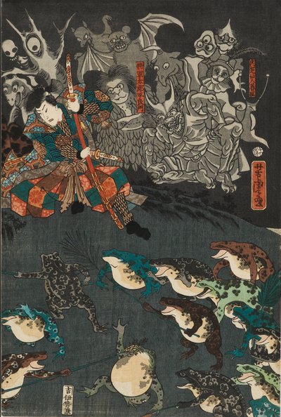 Frøånden Nikushi fremmaner et magisk frøslag ved Tateyama i Etchu-provinsen, 1864 af Utagawa Yoshitora