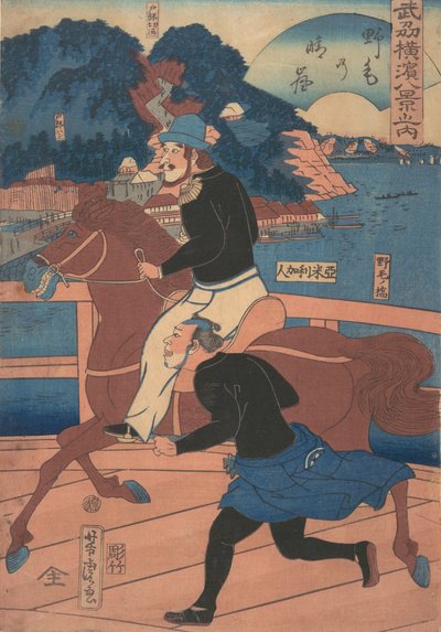 Retursejl ved Nogei [amerikansk par rider over Nogei-broen], 1. måned, 1861. af Utagawa Yoshitora