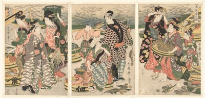 Udsigt over fiskemarkedet på stranden i Shiba [Shiba] no ura uoichi no zu (titel på objekt) af Utamaro (II) , Kitagawa