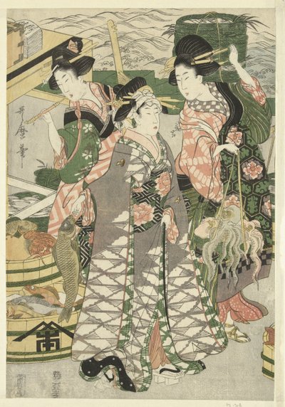 Udsigt over fiskemarkedet på stranden i Shiba [Shiba] no ura uoichi no zu af Utamaro (II) , Kitagawa