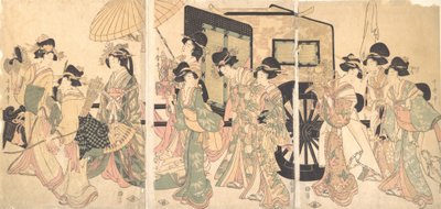 Damer, der omgiver en vogn. af Utamaro II