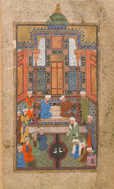 Paladsscene i en Tuhfat al-Ahrar (De fries gave) Bukhara, Usbekistan, usbekisk periode, ca. 1540 (ugennemsigtig akvarel, blæk og guld på papir) af Uzbek School