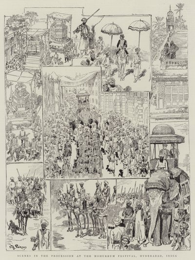 Scener i processionen ved Mohurrum Festival, Hyderabad, Indien af Victor Armand Poirson