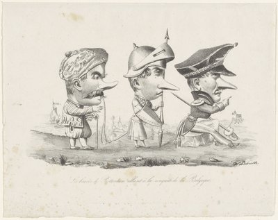 Tegneserie af Rotterdam-militsen, 1830 Les braves de Rotterdam allant à la conquête de la Belgique (titel på objekt) af V. Dubrulle