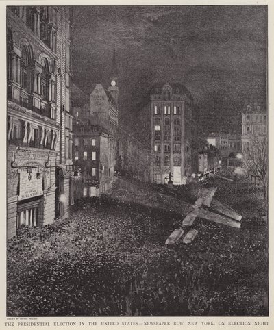 Newspaper Row, New York City, natten til det amerikanske præsidentvalg, 8. november 1892 (litho) af V. Perard