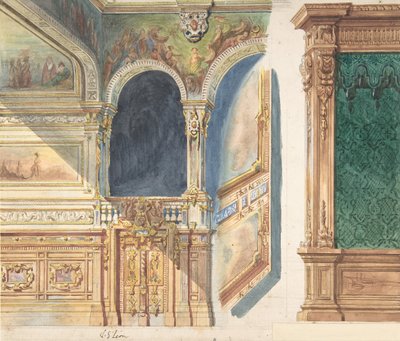 Design til et interiør, eventuelt et teater, ca. 1860-80. af V. S. Léon