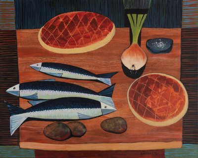 Stilleben med brød og fisk, 2020 (akryl på lærred) af Vadym Vaskovsky