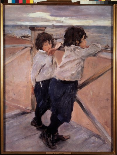 Børn. (To brødre, på en træponton, foran Østersøen). Maleri af Valentin Alexandrovich Serov (1865-1911), olie på lærred af Valentin Aleksandrovich Serov