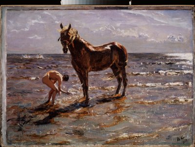 Hestens bad. (Ung nøgen mand plasker en hest, to andre skikkelser løber ud på havet). Maleri af Valentin Alexandrovich Serov (1865-1911), olie på lærred af Valentin Aleksandrovich Serov