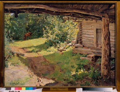 Landskab med hest (bondebolig). Maleri af Valentin Alexandrovich Serov (1865-1911), olie på lærred af Valentin Aleksandrovich Serov