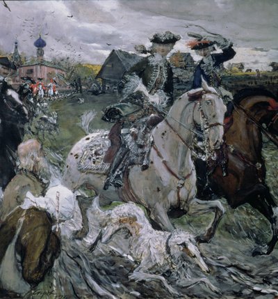 Peter II (1715-30) og zarevna Elizabeth (1709-62) på jagt, 1900 (tempera og gouache på papir) af Valentin Aleksandrovich Serov