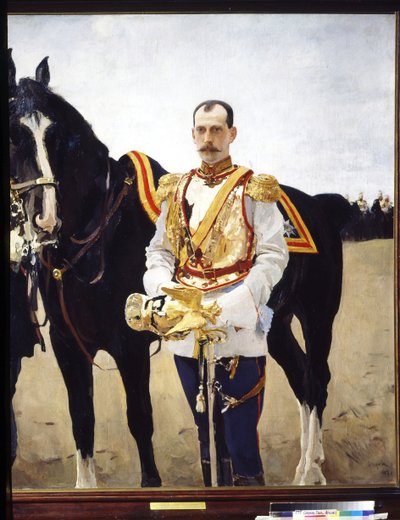 Portræt af storhertug Paul Alexandrovich af Rusland (1860-1919). (Portræt af storhertug Paul Alexandrovich af Rusland). I uniformen af ​​en officer af kavaleriet i den kejserlige russiske hær, nær hans hest. Maleri af Valentin Alexandrovich Serov ( af Valentin Aleksandrovich Serov