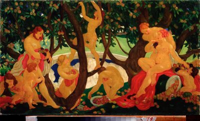 Sharing Apples (Gathering Aple) - Maleri af Valentin Alexandrovich Yakovlev (1887-1919), olie på lærred af Valentin Alexandrovich Yakovlev