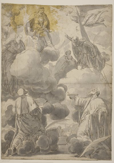 Jomfruen og barnet i skyerne omgivet af engle og Sts Cosmas og Damian, Cecilia, Secondo og Marina af Valentin Lefèvre