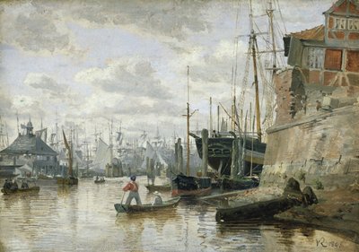 Bjælkehytten ved Hamborgs havn, 1848 (olie på papir om bord) af Valentin Ruths