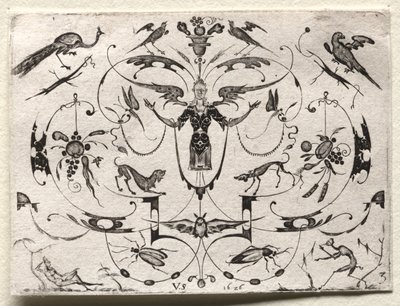 Arabesque med påfugl, parakit, hunde og insekter af Valentin Sezenius