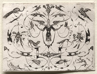 Arabesk med påfugl, parakit, hunde og insekter, 1626. af Valentin Sezenius