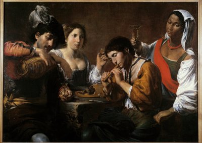 Møde i en kabaret Maleri af Valentin de Boulogne (1591-1632) 1600-tallet søn. 0,96x1,33 m af Valentin de Boulogne