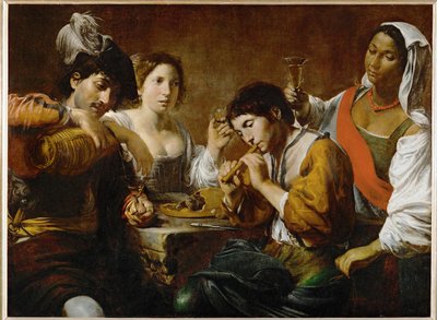 Reunion dans un cabaret - Selskab på et værtshus ... af Valentin de Boulogne