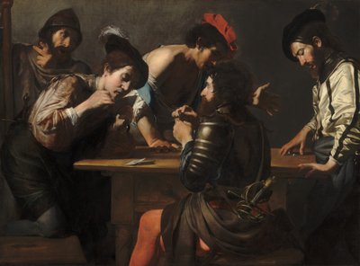 Soldater, der spiller kort og terninger (The Cheats), ca. 1618-1620 (olie på lærred) af Valentin de Boulogne