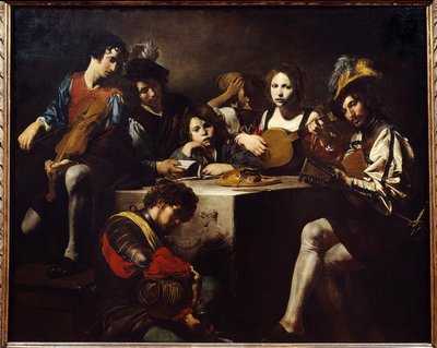Lavreliefkoncerten. Musikere samledes omkring et skulpturelt alter. Maleri af Valentin de Boulogne (1591-1632). Svag. 1,73 X 2,14 m. af Valentin de Boulogne