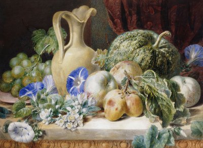 Et stilleben med en kande, æbler, blommer, vindruer og blomster, af Valentine Bartholomew