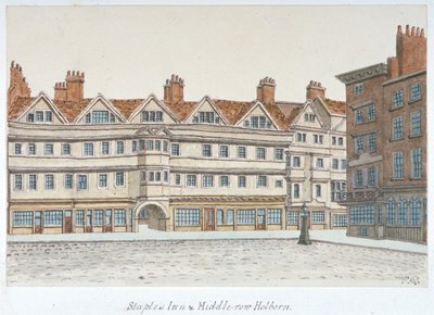Udsigt over Staple Inn og bygningerne i Middle Row i centrum af Holborn, London, 1850. af Valentine Davis