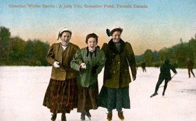 Canadian Winter Sports: A Jolly Trio, Grenadier Pond, Toronto, Canada, 20. århundrede. af Valentine and Sons Publishing Co