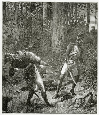 Rask hunden dræber en engelsk soldat - illustration fra Bug-Jargal, gravering fra det 19. århundrede af Valnay Pere et fils