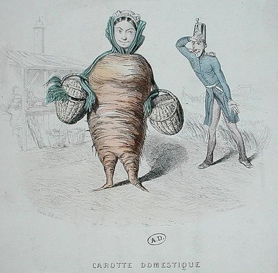 Tegneserie af en tjener som en gulerod (farve litho) af Varin Varin