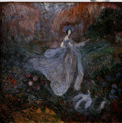 Morgen (morgen). En kvinde klædt i slør går hen mod en fugl på jorden i en blomsterhave. Værk af Vasili Dmitrievich Millioti (1875-1943), akvarel, gouache og blæk på papir af Vasili Dmitrievich Millioti