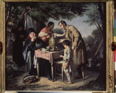 Drikker te i Mytishchi (Mytischi), nær Moskva. (Ortodokse munke tager te i en have, en krøbling og et nødlidende barn tigger, skubbet væk af en tjenestepige.) Maleri af Vasili (Vassili) Grigorievich Perov (1834-1882), olie på lærred af Vasili Grigorevich Perov