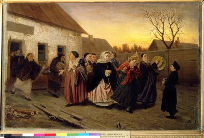 Russisk skik: procession af kvinder, der forlader et hus, dansende og syngende på tærsklen til et bryllup (Eve-of-the-wedding Party in a Bath House). Maleri af Vasili (Vasili) Grigoryevich Perov (1834-1882) af Vasili Grigorevich Perov