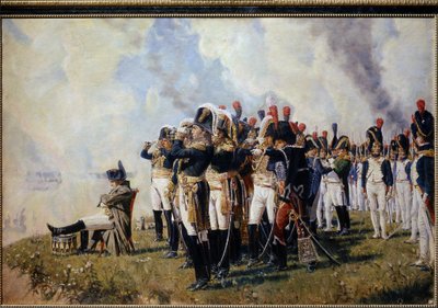 Napoleon Bonaparte (1769-1821) på højderne af Borodino. (Napoleon på Borodino-højderne). Slaget ved Moskva (eller slaget ved Borodino, 7. september 1812, under det russiske felttog), Napoleon, siddende arme over kors, eftertænksomt, beskrives foran officer af Vasili Petrovich Vereschagin