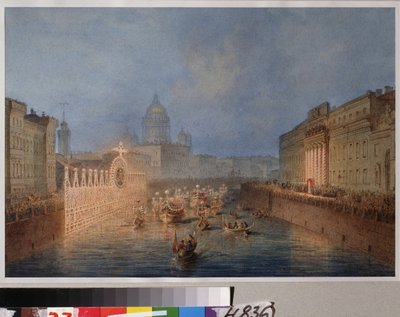 Belysning af Moika-floden i Sankt Petersborg. Værk af Vassily Semyonovich Sadovnikov (1800-1879), akvarel på papir af Vasili Semenovich Sadovnikov
